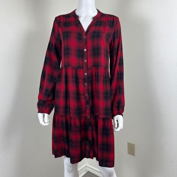 Knox Rose Womens Size M Red Plaid Long Sleeve Tiered Button Down Mini Dress - Picture 9 of 13